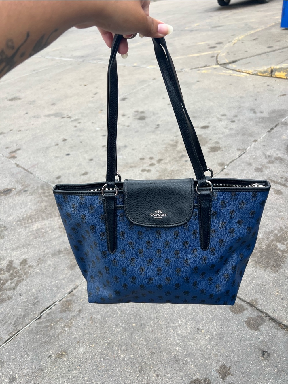 Coach Navy Blue Signature Tote with Black Tulips